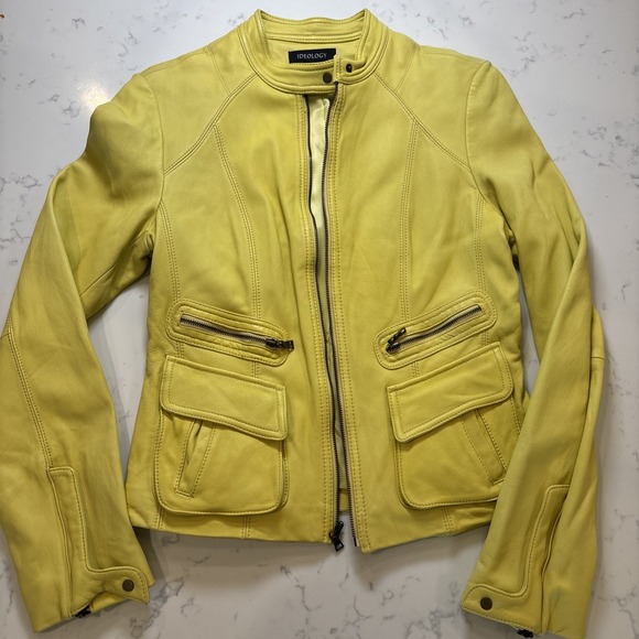 Ideology Short Leather Moto Jacket Yellow Full Zip Pockets Fitted Sz SM *stained - Picture 1 of 9
